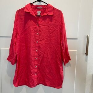 Chico's FreshChic No Iron Linen Blend Button Down Shirt Coral Pink‎ Size 2 Large